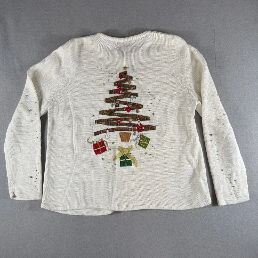Studio Joy Christmas Tree & Gifts Ugly Sweater Cardigan Women's‎ L Cream